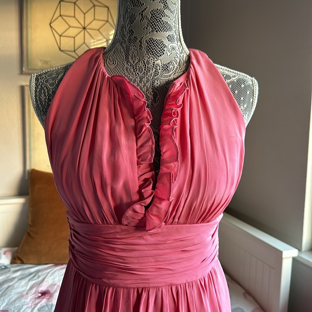 Kay Unger Pink Silk Ruffle Ruched Cocktail Dress, Deep V-Neck & Back Opening - Picture 3 of 11